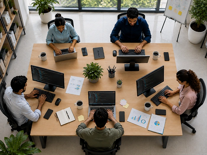 Simple WP Backup developers collaborating in a modern office